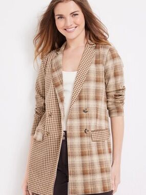 Maurices Two-Tone Tan Plaid Double-Breasted Blazer